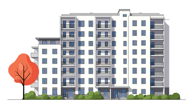 Large multi-story white modern apartment building with many balconies and a bright orange tree in the foreground.