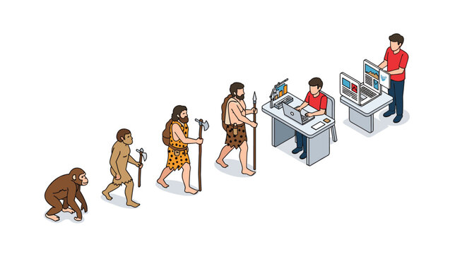 Isometric illustration depicting the evolution of man from primitive apes and cavemen to modern office workers and users.