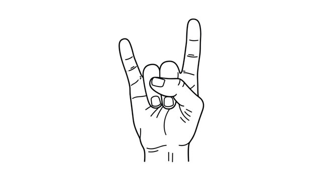 Black and white line drawing of a human hand making the rock on sign or horns gesture with the index and pinky fingers.