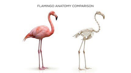 Fototapeta premium Pink Flamingo and Bird Skeleton Standing Side by Side on White Background