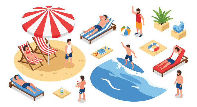 Vibrant isometric beach scene featuring people swimming, surfing, sunbathing, and relaxing under an umbrella on a sunny summer day out.