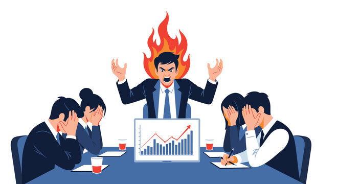 Angry boss screaming at frustrated employees during a high pressure business meeting with a monitor showing declining financial charts.