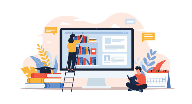 Online education concept shows students using a digital library on a giant computer monitor with books and a calendar.