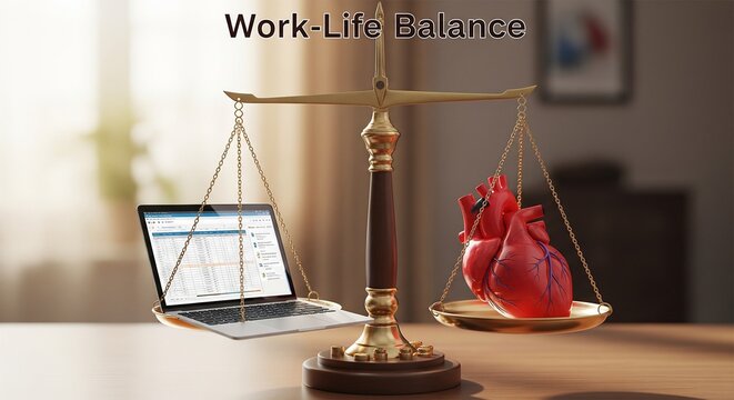 Balanced scale symbolizing harmony between professional demands and personal well-being, showing a laptop for career and a human heart for life