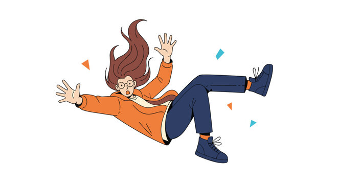 Woman with long brown hair and glasses falls backwards in the air with a look of surprise and arms outstretched wide.