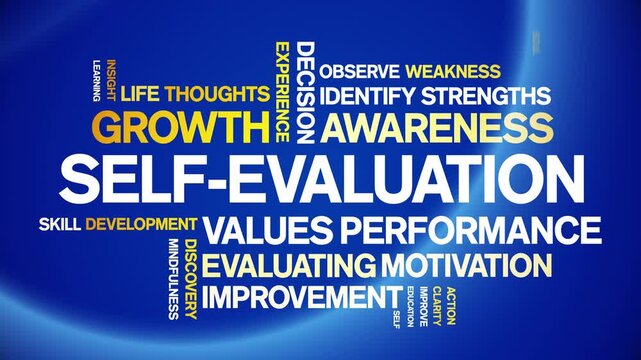 Self-Evaluation animated word cloud-text design animation tag kinetic typography seamless loop.