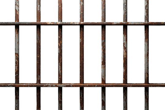 Rusty prison bars forming a barrier, symbolizing confinement, restriction, and lack of freedom on a transparent background