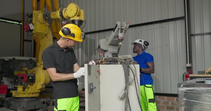 Technicians troubleshoot a robotic arm control system in a workshop, checking settings, electrical components and maintenance data for automation upgrade.
