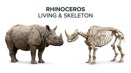 Fototapeta premium Realistic Rhinoceros and Anatomical Skeleton Facing Each Other on White Studio Background