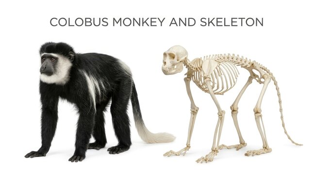 Black and White Colobus Monkey Standing Beside Skeleton on White Background