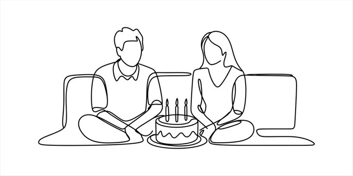 Young couple sitting together celebrating with a birthday cake in a continuous single line drawing style