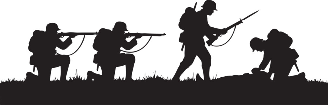 Black silhouettes of soldiers with guns on grassy terrain