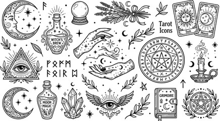 Mystic witchcraft tarot icons vector bundle featuring crescent moon celestial stars potion bottles crystal ball and magic hands © MdAlom