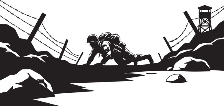 Soldier crawling under barbed wire obstacle with watchtower