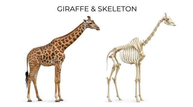 Realistic Giraffe Standing Beside Anatomical Skeleton on White Background
