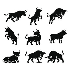 Obraz premium Powerful bull silhouette icons set showing various dynamic poses