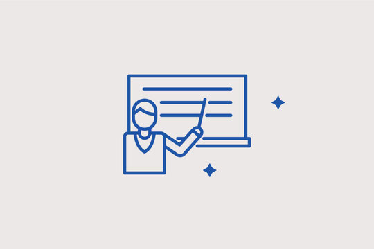 Teacher at a blackboard line icon for classroom instruction and academic lessons. Professional vector illustration for educational websites and tutoring service profiles.