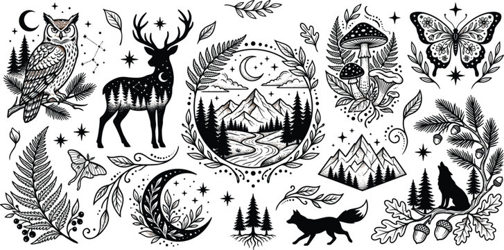 Mystic woodland linework vector bundle with celestial moon stars forest landscape wild animals owl deer wolf fox mushroom elements
