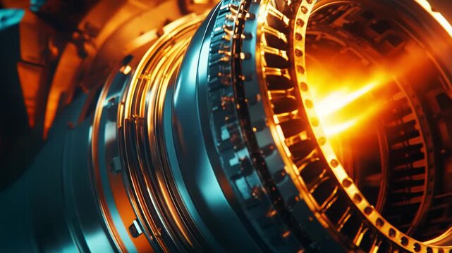 Industrial jet engine turbine generating powerful energy and thrust with glowing, hot combustor mechanism, representing modern technology and mechanical engineering