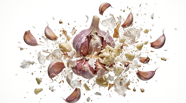 Garlic bulb exploding mid burst isolated on white background, dynamic high speed food art studio photography