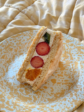 Fresh strawberry whipped cream sandwich on a decorative plate, Japanese fruit sando