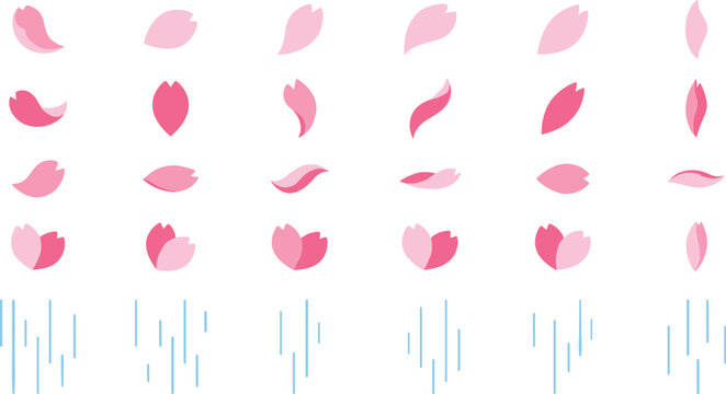 Falling pink sakura cherry blossom petals elements set with rain wind motion lines for spring holiday background vector