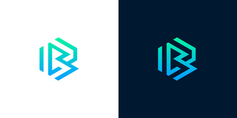 Dynamic and modern abstract letter B logo design featuring a vibrant blue-green gradient within a geometric hexagonal shape, perfect for technology or corporate branding projects © Eunois