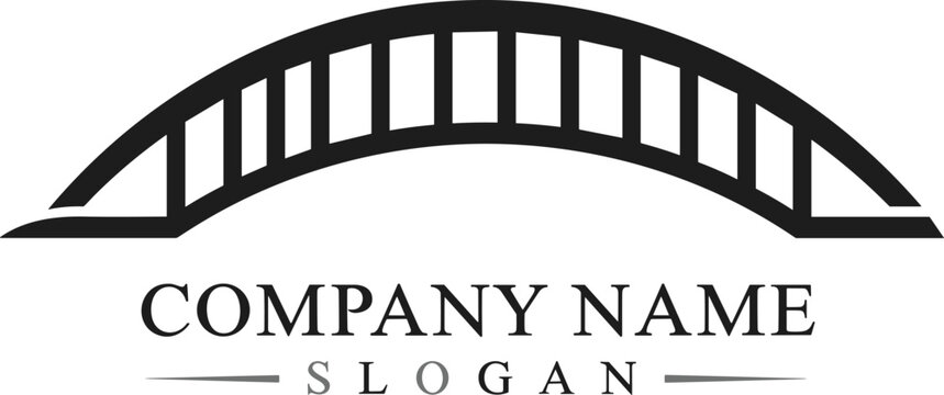 Arch bridge vector illustration logo icon, minimalist steel structure construction engineering silhouette, urban transportation infrastructure, modern design, black white.