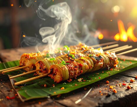 Ultra-detailed cinematic food photography of Balinese sate lilit wrapped around fresh lemongrass stalks, arranged elegantly on glossy banana leaves over rustic dark wooden table, glowing charcoal fire