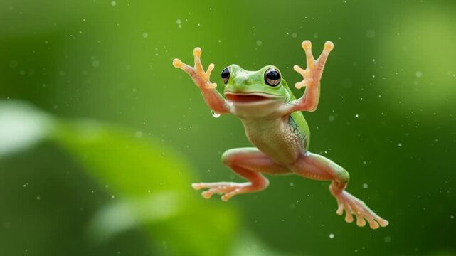 Colorful Tree Frog Jumping In Rain Window.