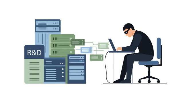 Hacker stealing data from R&D servers with laptop, cyber security concept