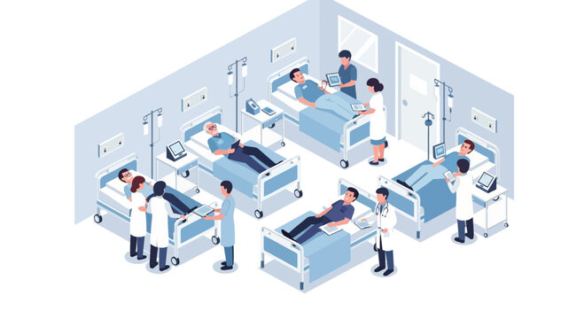 Hospital ward with patients and medical staff, isometric view