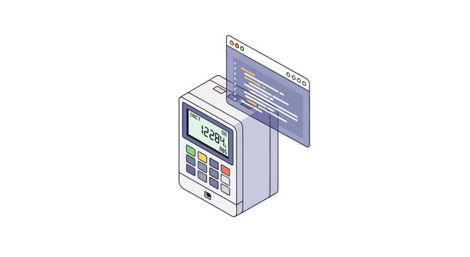 Isometric illustration of a programmable logic controller (PLC) with a code window