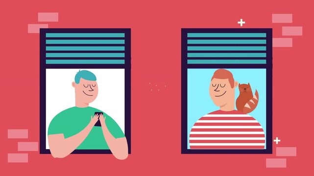 Cartoon animation of two male neighbors communicating from windows using mobile phones while quarantine.
