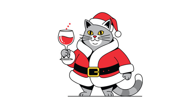 Whimsical illustration of a gray cat dressed in a Santa Claus suit holding a glass of red wine for festive holiday celebrations.