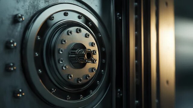 Close up view of a sophisticated steel vault door mechanism, highlighting its industrial design, security features, and robust engineering for financial protection