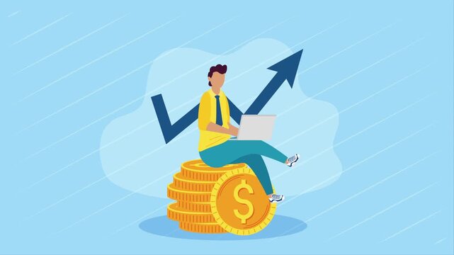 Businessman uses laptop for financial growth, sitting on stack of coins with upward arrow motion.