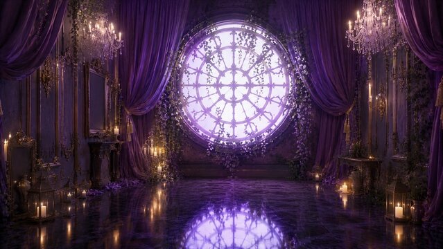 Purple gothic studio with round window and candles