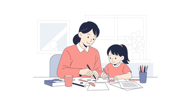 Mother and daughter painting together at a desk, learning and creativity
