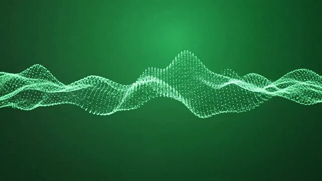 A digital wave of glowing particles flows across a vibrant green background