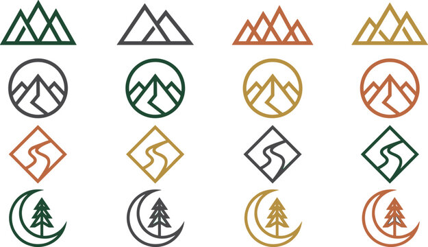 Minimalist mountain line art logos set with outdoor adventure badges peak river road pine tree and moon vector