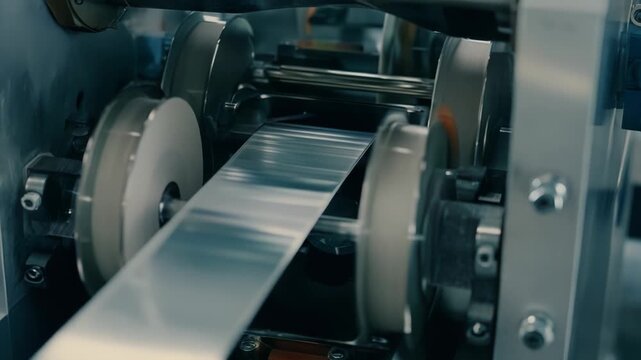 Industrial equipment processing a continuously fed metal sheet through a series of rollers, highlighting the precision manufacturing and automation involved in material production
