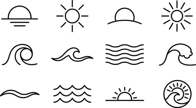 Minimalist ocean wave and sun line art icons set for summer beach resort logo design vector illustration