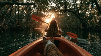 Fototapeta premium A person paddles a kayak through a serene mangrove forest with a dog sitting at the bow during sunset.