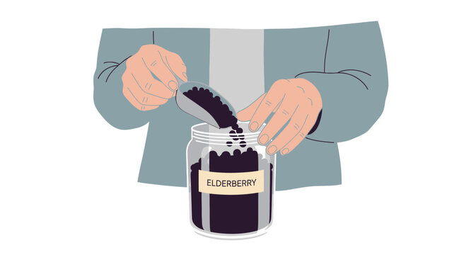 Person scooping elderberries from a glass jar, preparing natural remedies and healthy food