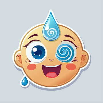 Cartoon Baby Face with Water Droplets and Swirling Eyes