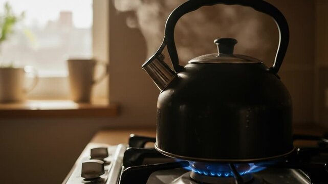 Boiling Kettle On Gas Stove In Cozy Kitchen.