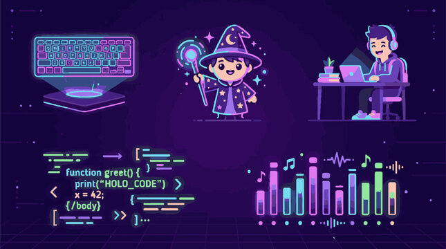 Digital creative set with coding wizard developer audio equalizer and holographic data display.