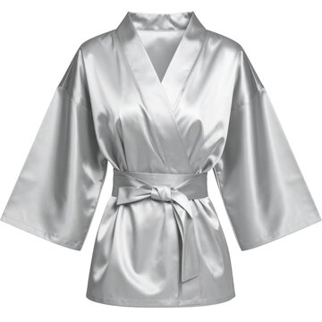 Silver Satin Silk Kimono Robe for Women, Elegant Short Bathrobe Loungewear with Sash Belt Isolated on White Background