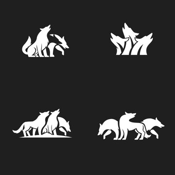 Stylized White Wolf Pack Logo Designs Set. Minimalist illustrations of howling, walking, and sitting wolves and canids, representing strength, wilderness, and team spirit.